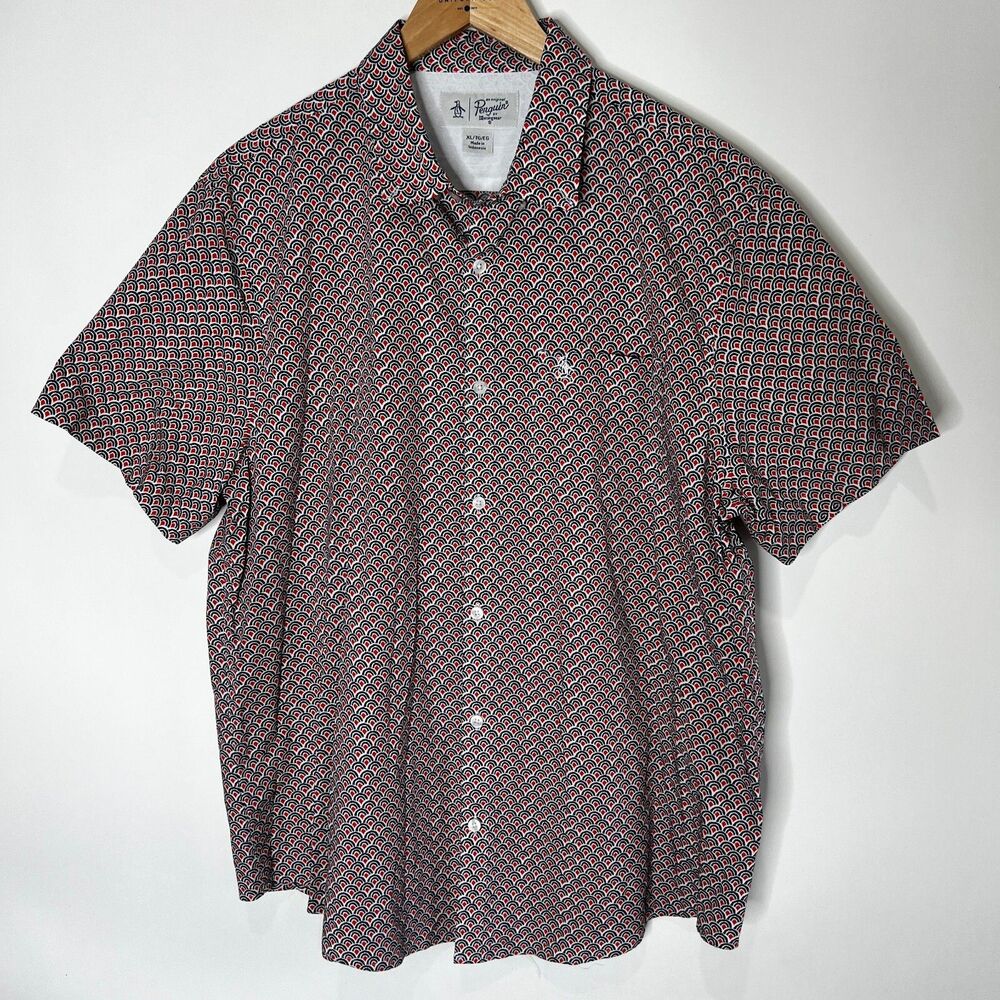 Penguin by Munsingweaer Button Up Short Sleeve Shirt Black Red White Men's XL